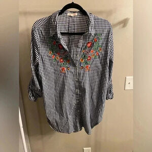 Grand & Greene checkered and embroidered blouse